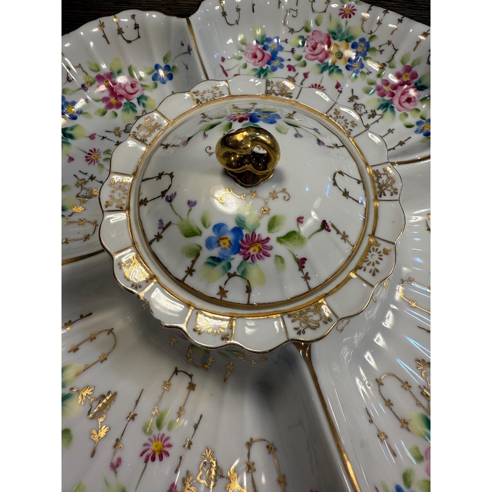 Antique Dresden Porcelain‎ Relish Dish: Hand-Painted Roses, Gilded Handles - Picture 6 of 11